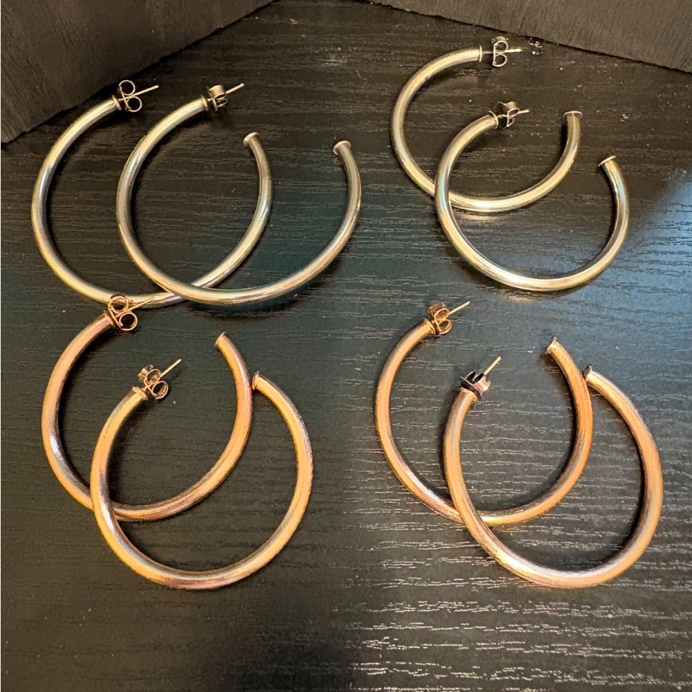 Sheila Fajl earrings 4 pair chunky tube hoops varying sizes silver & rose plated